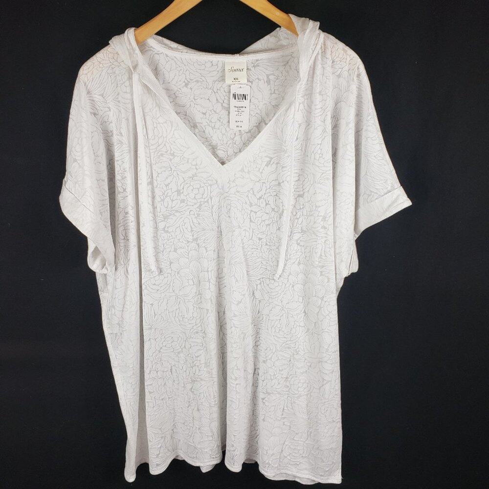 NWT Soma Dolman Hoodie Women XXL White Floral Burnout V-Neck Short Sleeve